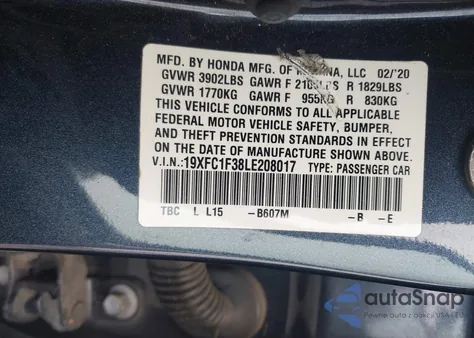 2020 Honda Civic Ex from USA, damaged, VIN 19XFC1F38LE208017